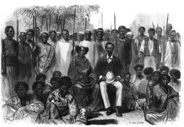Die Königin der Sakalaven, Anarina und ihr Ehemann, kamen während der Expedition aus Madagaskar unter den Schutz Frankreichs. Gravur in „Le Monde Illustré“