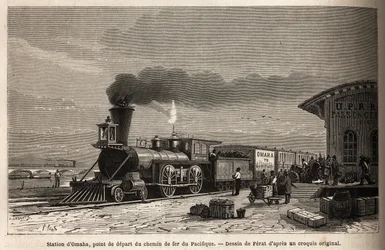 Der Bahnhof von Omaha (Nebraska), der Ausgangspunkt der Linien zum Pazifik. Illustration der Reise in den amerikanischen Wilden Westen, von M. L. Simonin, 1867, veröffentlicht in 