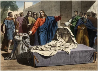 Die Auferweckung des Sohnes der Witwe von Nain: Jesus Christus erweckt den einzigen Sohn der Witwe wieder zum Leben. Kupferstich aus der Mitte des 19. Jahrhunderts.
