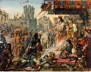 Die Rückkehr von Christoph Kolumbus nach Spanien vor König Ferdinand II. von Aragon und Isabella I. von Kastilien (genannt die Katholische) nach der Entdeckung Amerikas. Stich aus dem 19. Jahrhundert.