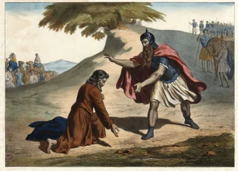 Die Rückkehr Jakobs und seine Begegnung mit Esau - Jakob kehrt mit seinen Frauen und Kindern ins Land Kanaan zurück: Er trifft seinen Bruder Esau. Gravur aus der Mitte des 19. Jahrhunderts