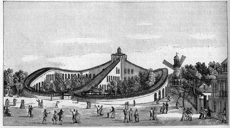 Die Achterbahn des Beaujon-Gartens in Paris im Jahr 1821. In „La Nature. Revue des sciences et de leurs applications aux arts et à l