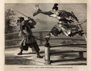Der Samurai Yashitsune im Gleichgewicht auf der Barriere einer Brücke, greift einen Samurai in Rüstung an. Gravur zur Illustration der Reise nach Japan, 1863-1864, von Aime Humbert, Minister der Schweizerischen Eidgenossenschaft, in „Le tour du monde, nouv