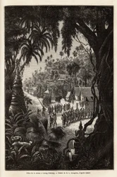 Die Saisonfeiern in Luang Prabang, königliche Hauptstadt von Lan Xang (Königreich der Millionen Elefanten) (heutiges Laos), bestehend aus einer Prozession der Einwohner und einer Pagode der Anbetung durch die ganze Stadt. Gravur zur Illustration einer Entd