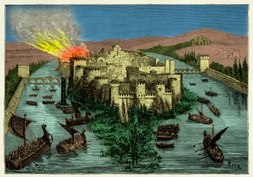 Die Belagerung von Paris im Jahr 845 durch die Wikinger unter der Führung von Ragnar Lodbrok, Stich aus dem 19. Jahrhundert