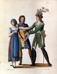 Die Sänger Savino Monelli (Bertrando), Teresa Bellog (Isabella) und Filippo Galli (Tarabotto) in der Oper „L