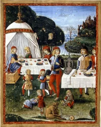 Das Picknick von Maximilian Sforza (1490 - 1530) im Park. Miniatur aus einem Manuskript des 15. Jahrhunderts. Mailand, Biblioteca Trivulziana