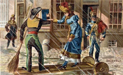 Das Gewerbe des Straßenkehrers im Jahr 1820: Ein Straßenkehrer hilft einer jungen Frau, eine Pfütze zu überqueren.