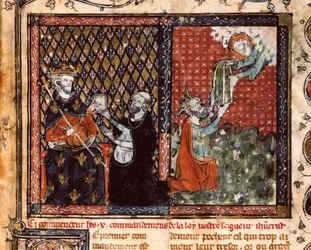 Der Übersetzermönch präsentiert sein Buch König Philipp III. von Frankreich, genannt der Kühne (1270-1285). Miniatur aus Die christliche Lehre, von St. Augustinus (?)