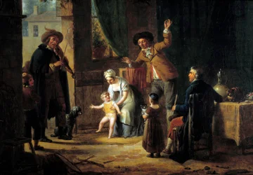 Der reisende Musiker Ein Geiger spielt Musik an der Tür eines Familienhauses. Anonymes Gemälde. 1819 Paris, Decorative Arts