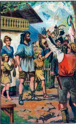 Der Tribut der Konföderierten an Wilhelm Tell (legendärer Held der Schweizer Unabhängigkeit). Chromolithographie aus dem späten 19. Jahrhundert.