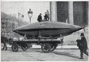 Das Unterseeboot „Le Goubet“, transportiert für Experimente, passiert den Place de la Madeleine in Paris. Gravur in „La Nature“
