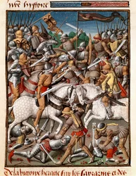 Der Sieg des byzantinischen Kaisers Herakleios (ca. 575-641) über die Sarazenen. Miniatur in „Le miroir historial“ (Speculum Historiale) (ms. 1196 fol. 65 v.) von Vincent de Beauvais (1190-1264), ins Französische übersetzt von Jean de Vignay