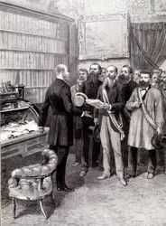 Der Besuch der Arbeiterdelegierten im Palais Bourbon (Jules Guesde, Herr Ferroul, Herr Baudin und Herr Thivrier) beim Generalsekretär der Präsidentschaft: Herr Martin, während der Demonstration am 1. Mai