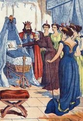 Die böse Fee prophezeit der Prinzessin, dass sie sich stechen wird. Illustration für „Dornröschen“ von Charles Perrault