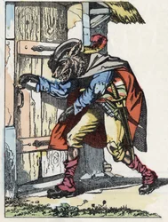 Der Wolf klopft an die Tür des Zicklein-Hauses. Illustration des Märchens „Compere le Loup, Maitre Renard, Comere la Chevre et ses petits biquets“ nach einer Fabel von Jean de La Fontaine. In „Märchen aus dem Heim für die Kleinen“. Anonyme Gravur des 19. J