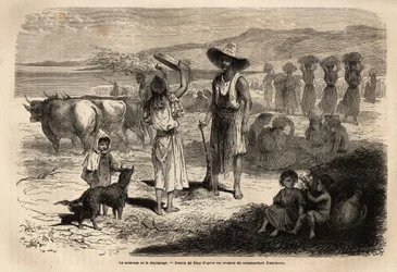 Die Arbeit der Ernte, Ernte und Entkörnung von Weizen, in Djurjura (Algerien); Frauen sitzen im Kreis und schlagen die Ähren mit runden Hämmern, andere werfen das Stroh und die Körner mit einem großen Sieb in den Wind, dann fegen sie den Boden, um das Korn