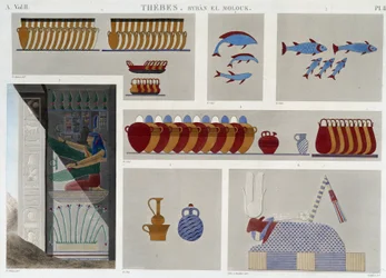 Theben: Bybân el Molouk. pl 87: Malereien des 5. Königsgrabes im Osten, 7. Basrelief vom Eingang desselben Grabes in „Ägyptische Antiquitäten“, 19. Jahrhundert