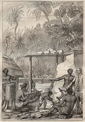 Dritte Reise (1776-1779) von Kapitän James Cook (1728-1779): Menschenopfer in Tahiti - Illustration aus „Die großen Seefahrer des 18. Jahrhunderts“