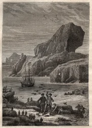 Dritte Reise (1776-1779) von Kapitän James Cook (1728-1779): die Kergueleninseln (Kerguelen-Archipel, Antarktis) - Illustration aus „Die großen Seefahrer des 18. Jahrhunderts“