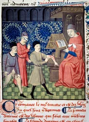 Drei Patienten mit Geschwüren am Arm, Auge und Geschlecht vor dem Arzt. Miniatur aus „Chirurgie“ (Folio 66) geschrieben von Guy de Chauliac (1290? 1368). Manuskript aus dem 15. Jahrhundert. BN, Paris