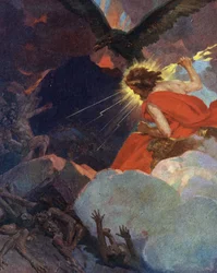 Titanomachie: Darstellung von Zeus siegreich über die Titanen, Gravur aus „Meine schönen mythologischen Geschichten“ von HS Bres, Anfang 20. Jahrhundert