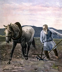 Tolstoi beim Pflügen. Gravur Ende des 19. Jahrhunderts