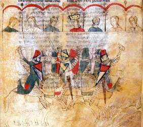 Turnierszene nach dem Manuskript „Lancelot du Lac“ 13. Jahrhundert. Biblioteca Nazionale Marciana Venedig.