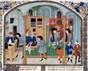 Handelsszene: Händler in einem Geschäft präsentieren ihren Kunden Geschirr und Silberwaren