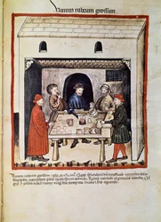 Behandlung eines Arztes: „Rotwein, Gruppe von Männern in einer Taverne, die Wein trinken“