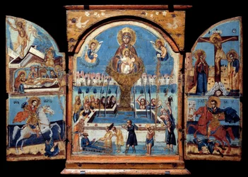 Triptychon der Jungfrau, Quelle des Lebens. Mitteltafel: Die Jungfrau überquert einen wundersamen Wasserbrunnen. Links die Auferstehung und die Kreuzabnahme. Unten ein Ritter (St. Georg), der einen Drachen niederschlägt. Rechts die Kreuzigung und ein Ritte