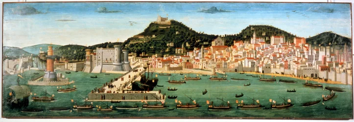 Triumphale Rückkehr der Flotte Ferdinands I. (1423-1494) nach der Schlacht von Ischia gegen René I. von Anjou, den Guten (1409-1480). 6. Juli 1464. Neapel, Nationalmuseum San Martino.