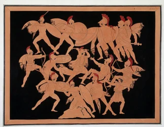 Trojanischer Krieg - in der Mitte: Menelaos verteidigt den Körper von Patroklos mit seinem Schild, Ajax bewaffnet mit einer Axt schlägt Hippothous, Merion schießt seine Pfeile, greift die Trojaner an, um den Körper von Patroklos zu holen - Oben im Bild: re