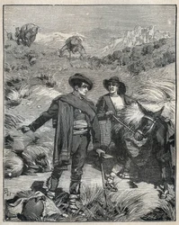 Zwei Bauern aus der Sierra Almagrera in Spanien entdeckten 1838 das Jaroso-Silbervorkommen. Gravur von 1885 in „Les arts et métiers illustrés“ von Adolphe Bitard.