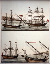 Typische Boote der barbarischen Piraten, - in „Il costume antico e moderno“ von Ferrario, Mailand
