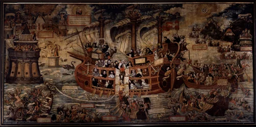 Typus religionis Eine Allegorie der religiösen Orden, das Schiff des Glaubens wird von religiösen Orden regiert, angeführt von Jesuiten. Die Gründer der verschiedenen Orden sind dargestellt: Ignatius von Loyola, Gründer der Gesellschaft Jesu, Franz von Ass