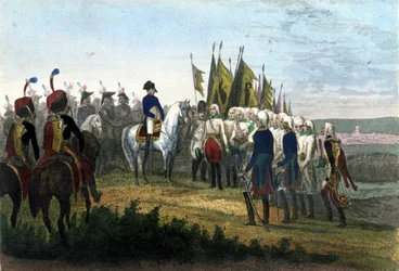 Kapitulierung von Ulm. 20.10.1805. Die österreichische Armee wurde von den Truppen Napoleons besiegt. Gravur des 19. Jahrhunderts.