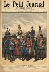 Uniformen der russischen Kavallerie, Verbündete Frankreichs, zu Pferd von links nach rechts: Kosake des Garderegiments, das Schlachtschiffregiment der Garde, Offizier der Ural-Kosaken und Offizier der Kaiser-Kosaken. Im Vordergrund stehend, von