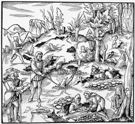 Verwendung des magischen Eimers zur Suche nach den Schätzen der Erde - aus "Das Buch von den Bergwerken" von Agricola