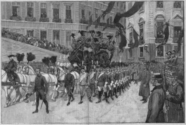 Wien 1889: Das Begräbnis von Kronprinz Rudolf (Erzherzog Rudolf von Habsburg (1858 - 1889), Kronprinz von Österreich.) Der Trauerzug vor der französischen Botschaft.