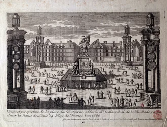 Ansicht der Place des Victoires in Paris mit der Statue von Ludwig XIV. Gravur aus dem 17. Jahrhundert