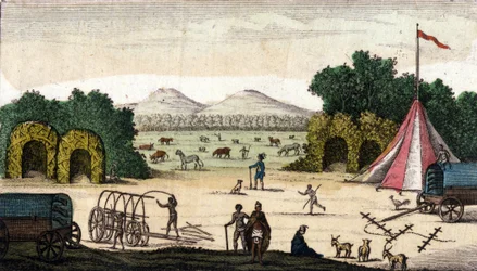 Ansicht eines niederländischen Lagers (von Pionieren, Buren oder Voortrekkern, Afrikanern) in Pampoen Kraal, Kap-Provinz, Südafrika. 1860