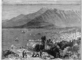 Blick auf den Hafen von Beirut und die Berge des Libanon. Gravur in „Das illustrierte Universum“