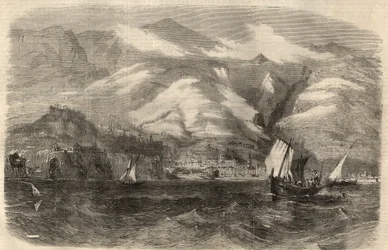 Ansicht der Stadt Funchal auf der Insel Madeira in Portugal. Gravur in „The Illustrated London News“ vom 29. Februar.