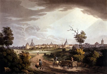 Ansicht der Stadt Leipzig in Deutschland. Lithographie um 1820.