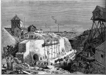 Ansicht der Baustelle der Trinkwassertanks von Villejuif. Gravur in „Le Monde Illustré“ Nr. 1300 vom 25. Februar