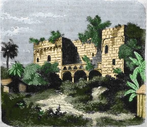 Ansicht des Hauses „Alcazar de Colón“, gebaut von Christoph Kolumbus für seinen Sohn Diego Kolumbus (1480-1526), auf einer Insel von Santo Domingo. Gravur des 19. Jahrhunderts