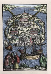 Ansicht der Insel Utopia aus dem Buch von Thomas More (1478-1535), „De optimo reipublicae statu deque nova insula Utopia“. Graviert von Johann Froben. 1518