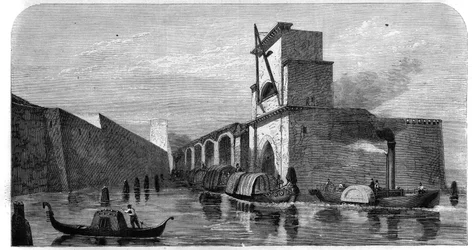 Ansicht des alten Arsenals der Stadt Venedig, Italien. Gravur in "L