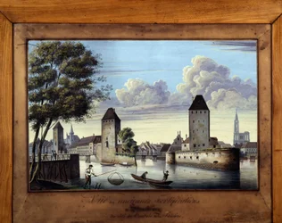 Ansicht der alten Befestigungen in Straßburg auf der Seite des Flusseingangs - Malerei auf Glas